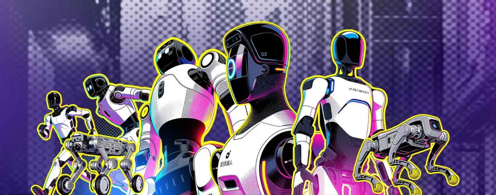 A stylized, neon-enhanced graphic illustration showcasing a fleet of advanced AGIBOT A3 humanoid robots.