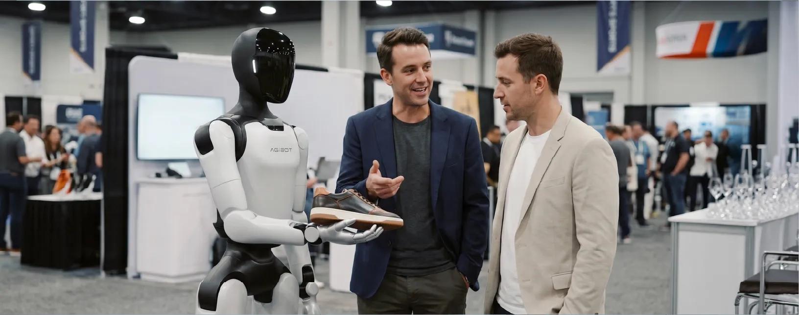 Two business professionals smiling and conversing with a humanoid brand ambassador robot at a marketing event.
