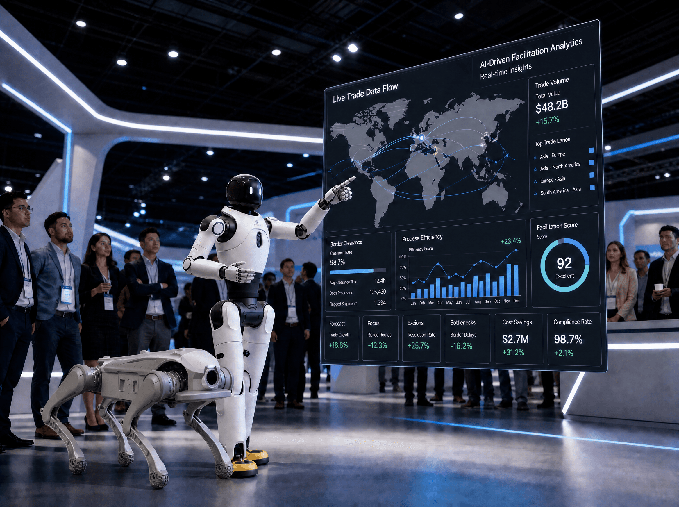 An advanced white humanoid robot interacting with attendees in front of a giant digital world map screen at a corporate exhibition.