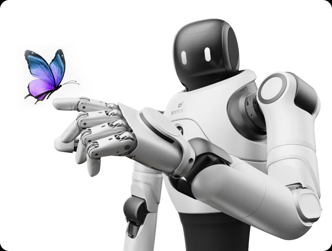 A sleek, high-tech humanoid robot holding a colorful butterfly on its index finger, symbolizing accessible artificial intelligence.