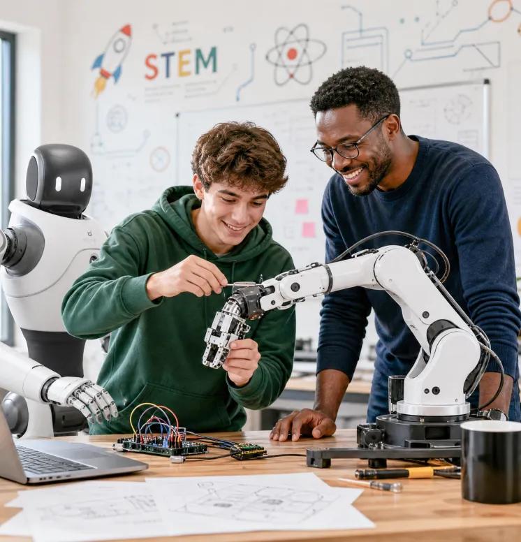 An instructor and students collaborating to program a robotic arm assembly kit inside a STEM education classroom.